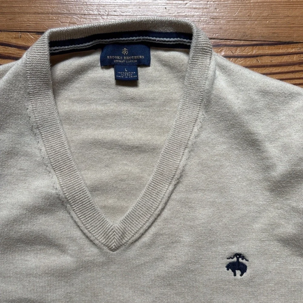 Brooks Brothers Sweater Mens Beige Good Supima Cotton V-Neck Pullover SIZE L